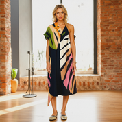 Women’s Leaf Print Midi Summer Dress with V-Neck | Lightweight Airy Dress for Warm Weather