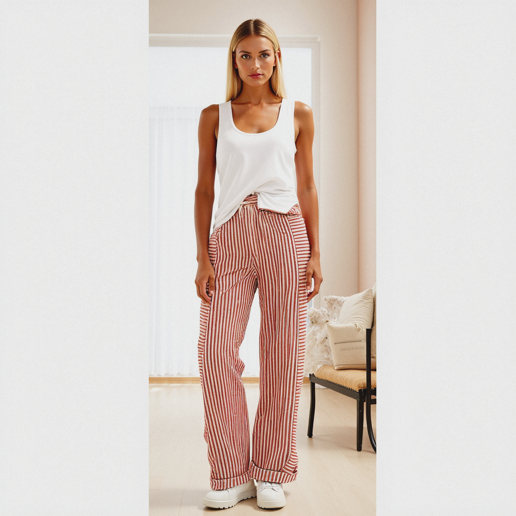 Women’s Striped Summer Trousers | Lightweight Elastic Waist Trousers for Everyday & Smart Casual Wear