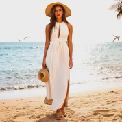 Women’s Off White Maxi Summer Dress with Side Split | Lightweight Cotton Dress for Holidays & Warm Weather