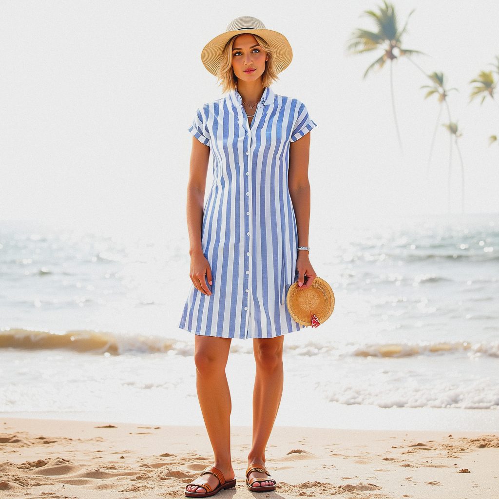 Women’s Striped Shirt Dress in Cotton Linen | Elegant Lightweight Summer Dress with V-Neck