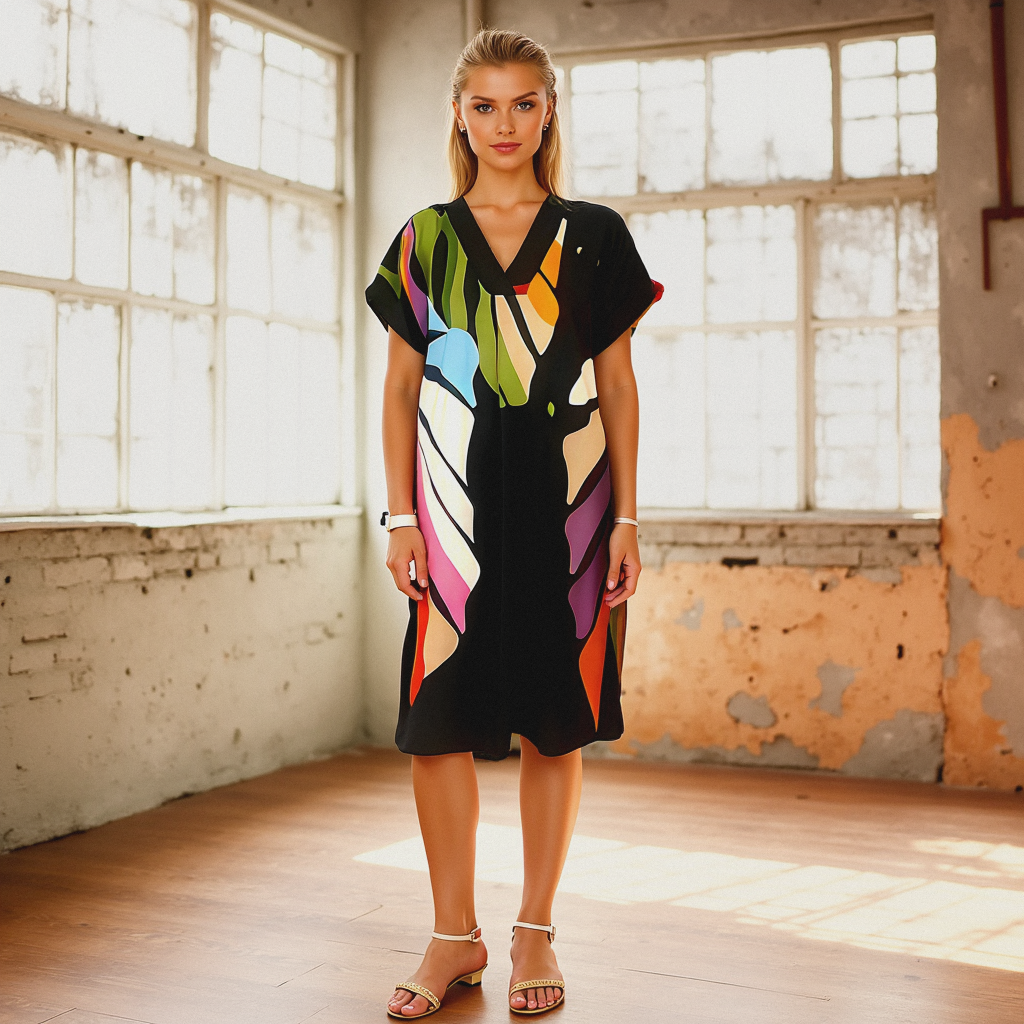 Women’s Leaf Print Midi Summer Dress with V-Neck | Lightweight Airy Dress for Warm Weather